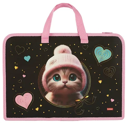 Папка для тетрадей А4 "Котенок в шапочке" 34*24,5*3,5см, пластик, молния, текст.ручки - фото 1