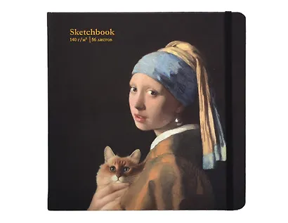 Скетчбук 200*200 56л "КотоАрт. Девушка с жемчуж. сер." 140г/м2, тв.обложка, 7БЦ, резинка, скругл.углы, ляссе - фото 1