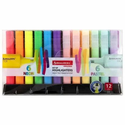 Текстовыделители 12цв "ORIGINAL NEON" на подставке, пл/уп, BRAUBERG - фото 1