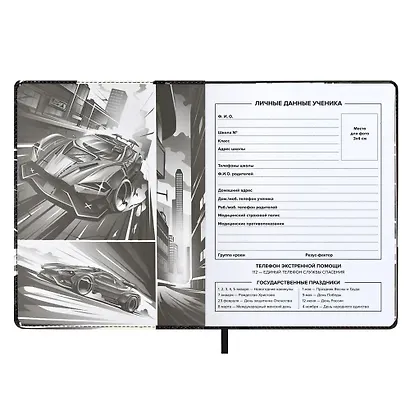 Дневник шк. "ГОНКИ" кожзам, тв.переплёт, поролон, шелкография в одну краску, одно ляссе, загругл.углы, универс.шпаргалка - фото 4