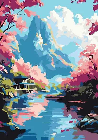 Картина-раскраска по номерам. Горная речка и цветущая сакура - фото 1