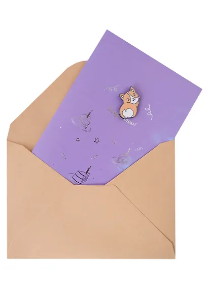 Открытка со значком Корги Поздравляю! (15х11) (конверт) (картон, металл) - фото 3