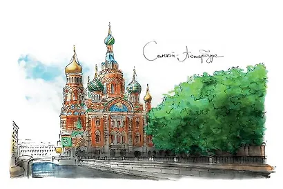 Открытка 10*15см тушь СПб Храм Спаса на Крови О/010/021 - фото 1