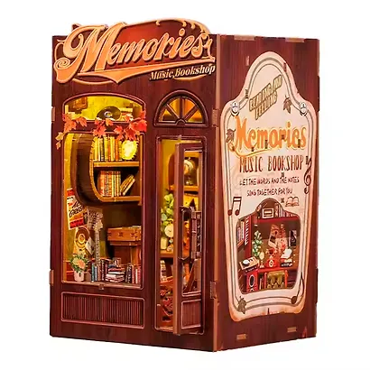 SD04 Конструктор интерьерный – сборный домик CuteBee - Музыкальный и книжный магазин "Воспоминания", 136 деталей (материалы: дерево, картон, пластик, металл), со световыми эффектами (подсветка интерьера), с питанием от 2хААА батареек (не включены), серия - фото 11