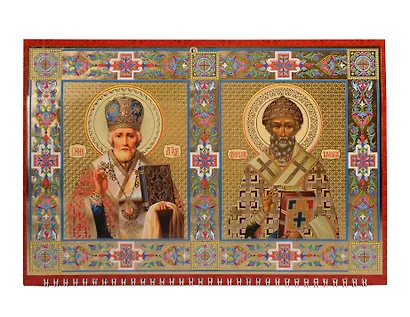 Календарь квартальный 2026г 320*760 «Иконы свт. Николая Чудотворца и свт. Спиридона Тримифунтского» настенный, трёхблочный, спираль, тиснение фольгой - фото 1