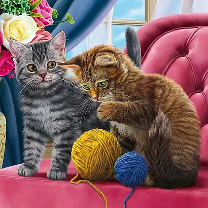 Алмазная мозаика "Играющие с клубками котята", 20 х 20 см, 25 цветов, Рыжий Кот (6+) - фото 2