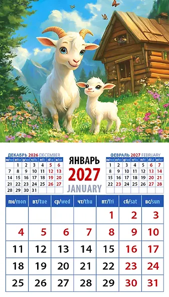 Календарь 2027г 94*167 «Год козы. Счастливые мама и малыш» на магните - фото 1