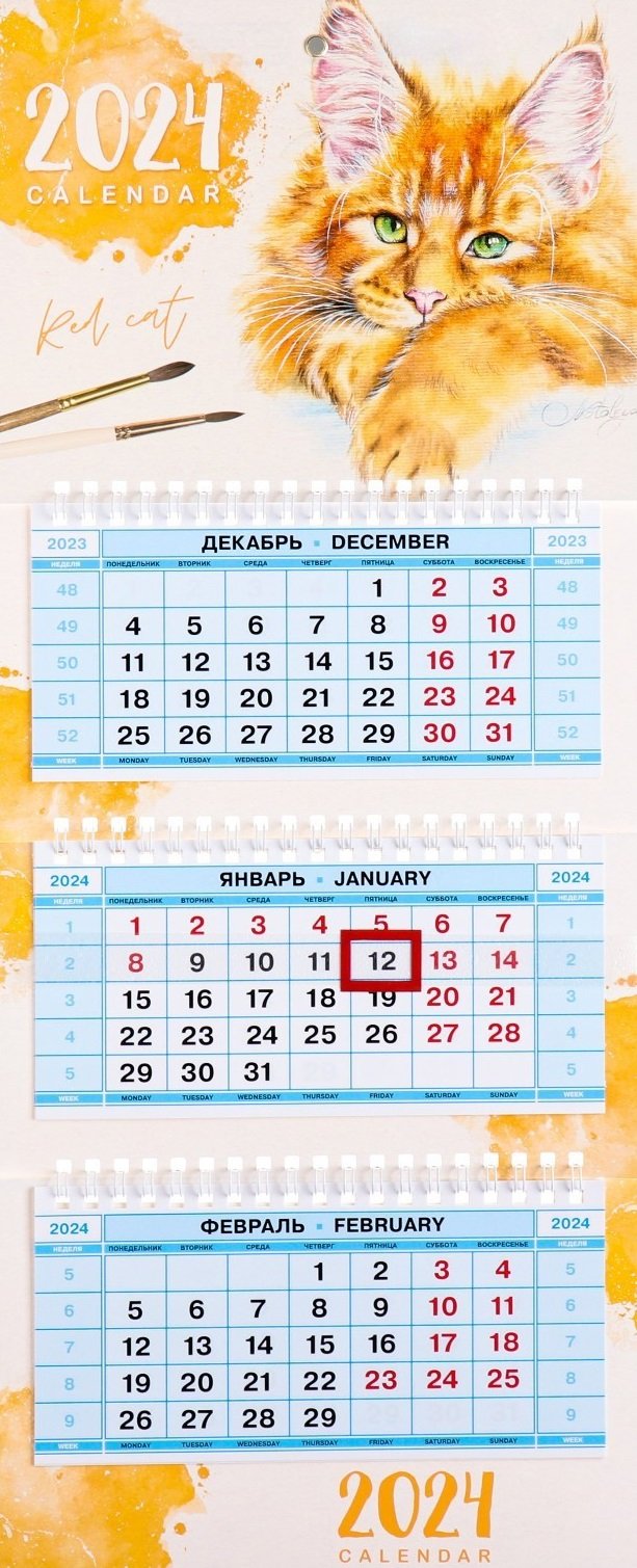 

Календарь квартальный 2024г 195*470 "Рыжий котик" настенный, трёхблочный, спираль