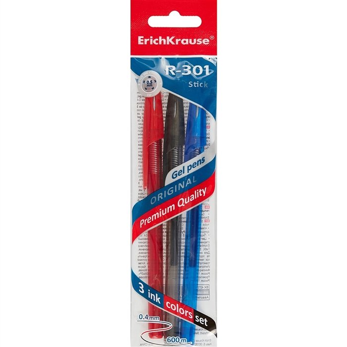 

Ручки гелевые 03цв "R-301 Original Gel Stick" 0.5мм, синяя, черная, красная, подвес, Erich Krause
