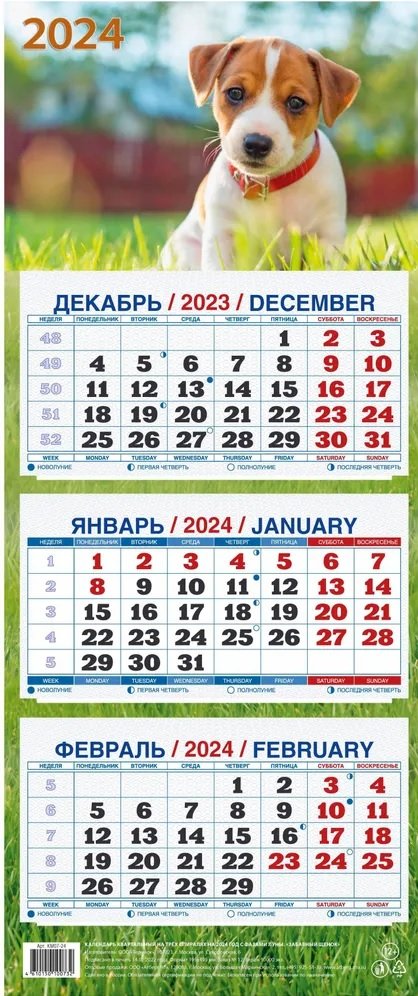 

Календарь квартальный 2024г 195*465 "Забавный щенок" настенный, трёхблочный, спираль