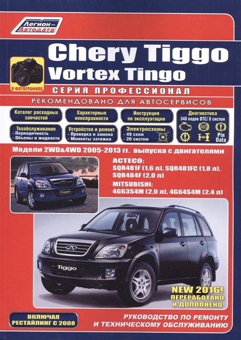  - Chery Tiggo. Vortex Tingo в фотографиях. Модели 2WD&4WD 2005-2013 гг. выпуска с бензиновыми двигателями: ACTECO: SQR481F (1,6 л.), SQR481FC (1,8 л.), SQR484F (2,0 л.) и MITSUBISHI 4G63S4M (2,0 л.), 4G64S4M (2,4 л.). Включая рестайлинг с 2008 года