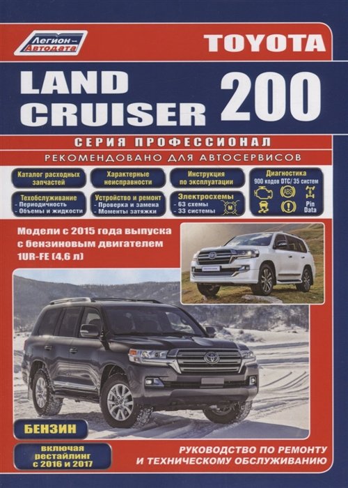  - Toyota Land Cruiser 200. Модели с 2015 года выпуска с бензиновым двигателем 1UR-FE (4,6 л). Включены рестайлинговые модели с 2016 и 2017 гг. выпуска. Каталог расходных запасных частей. Характерные неисправности. Руководство по ремонту