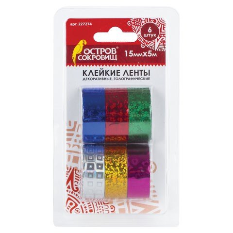 

Клейкие ленты 15 мм х 5 м, декоративные голографические, ОСТРОВ СОКРОВИЩ, комплект 6 шт., ассорти №1, 227274