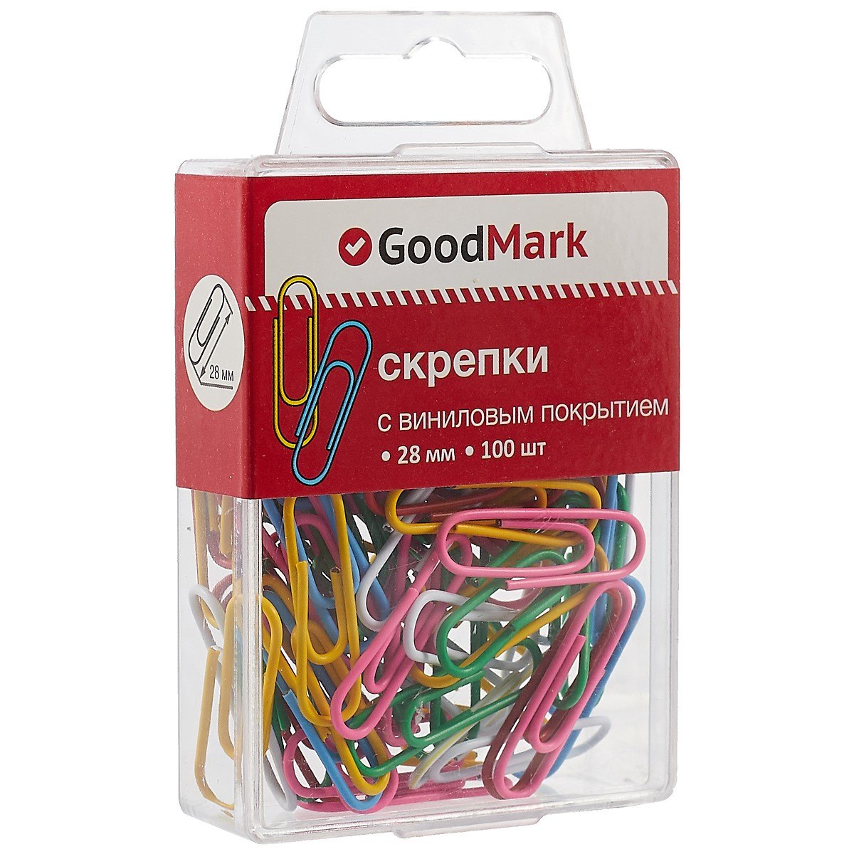 

Скрепки 28мм 100шт винил, ассорти, пл/уп, GoodMark