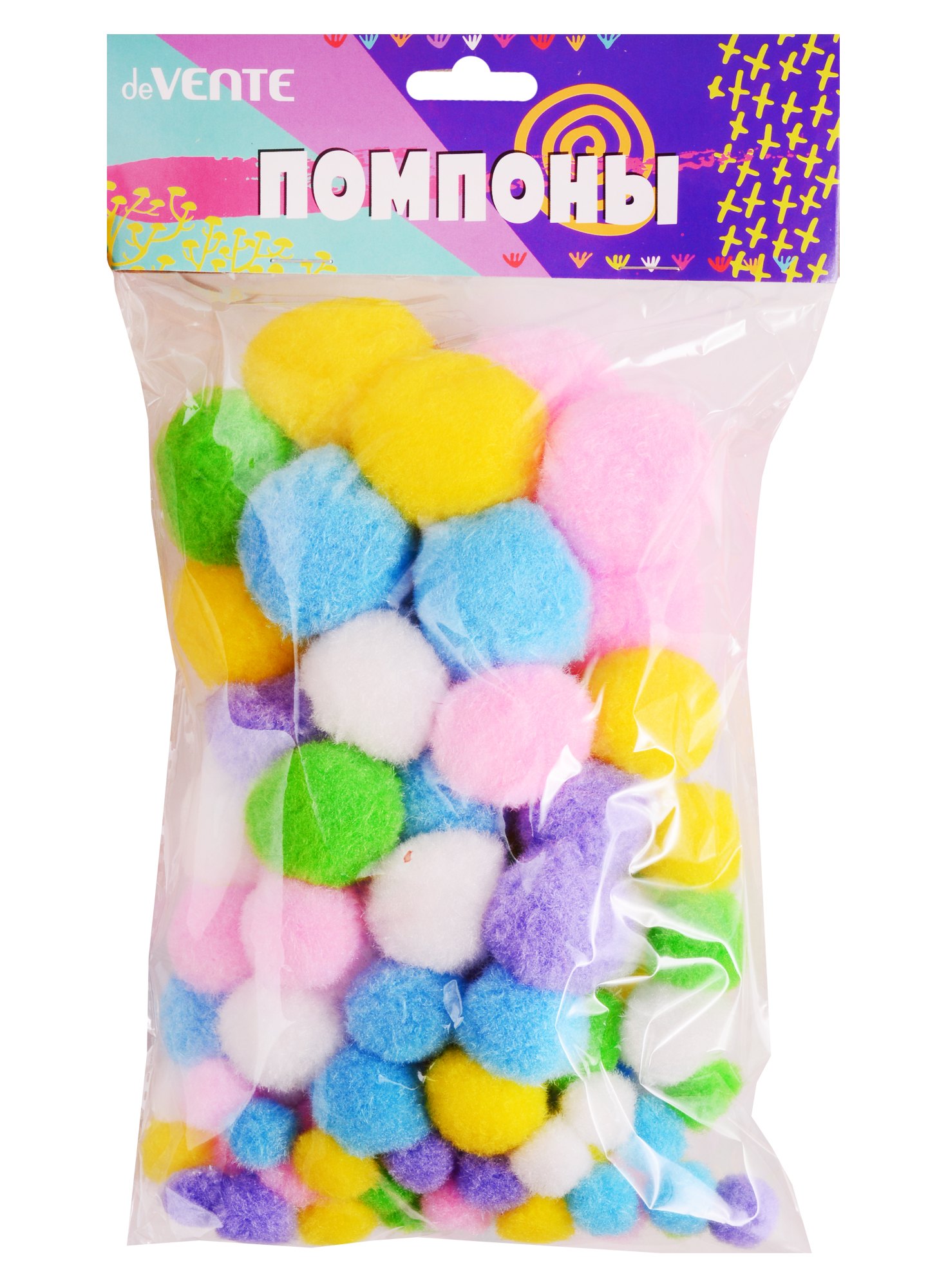 Набор помпонов для творчества deVENTE 100 штук ассорти в пластиковом пакете с блистерным подвесом 110₽