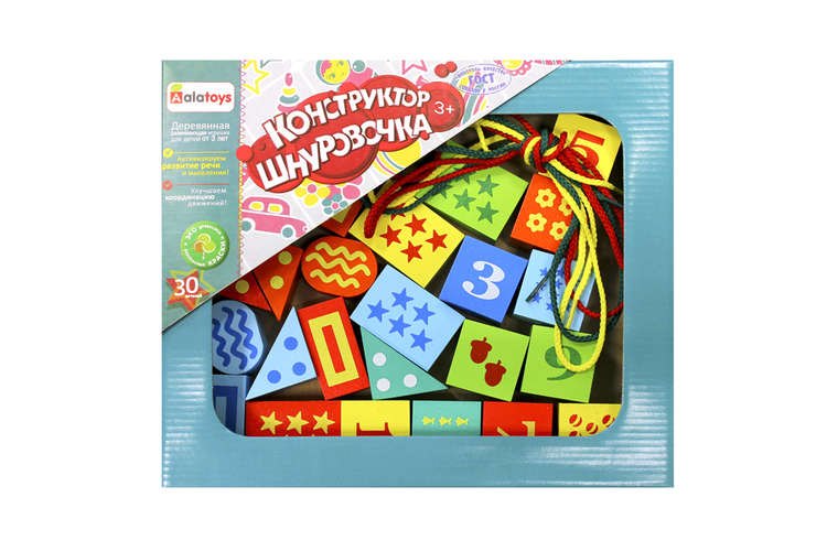 

Конструктор, ALATOYS, Деревянный конструктор, Шнуровочка с цифрами, 30 деталей, 3 шнура