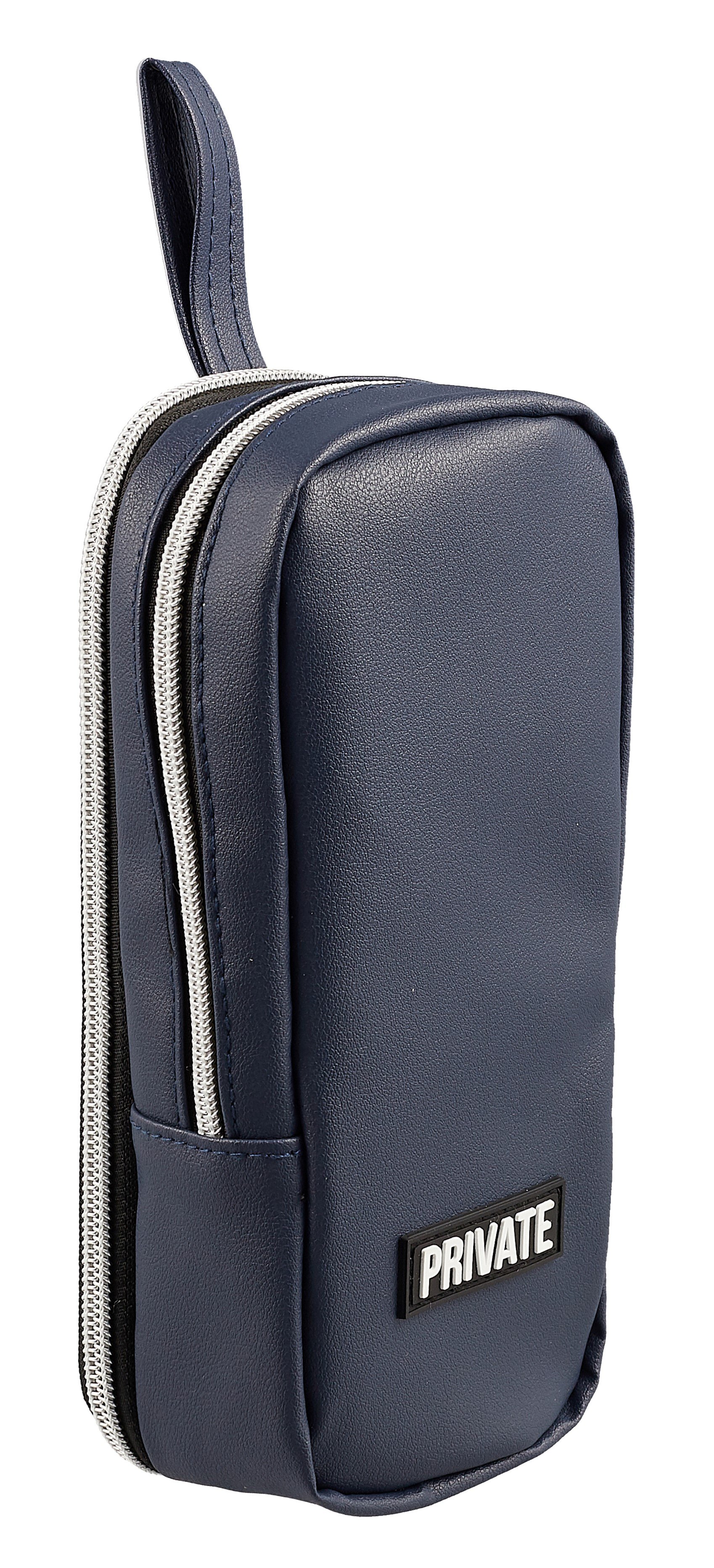 

Пенал-косметичка 2отд. "Private" синий, 21*9*8см, вертикальный, мат.иск.кожа, молния, фиксация магнитом, каучук.аппликация, петля