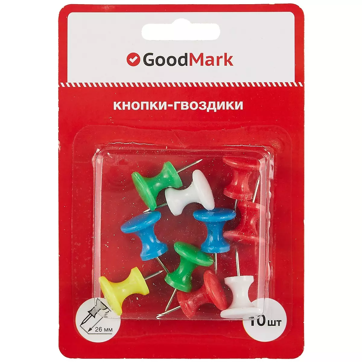 Кнопки гвоздики 26мм 10шт цветные, блистер, GoodMark