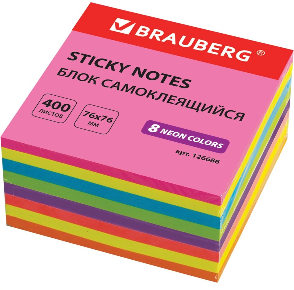 

Блок бумаги 76*76мм самоклеящийся 400л 8цв неон, BRAUBERG
