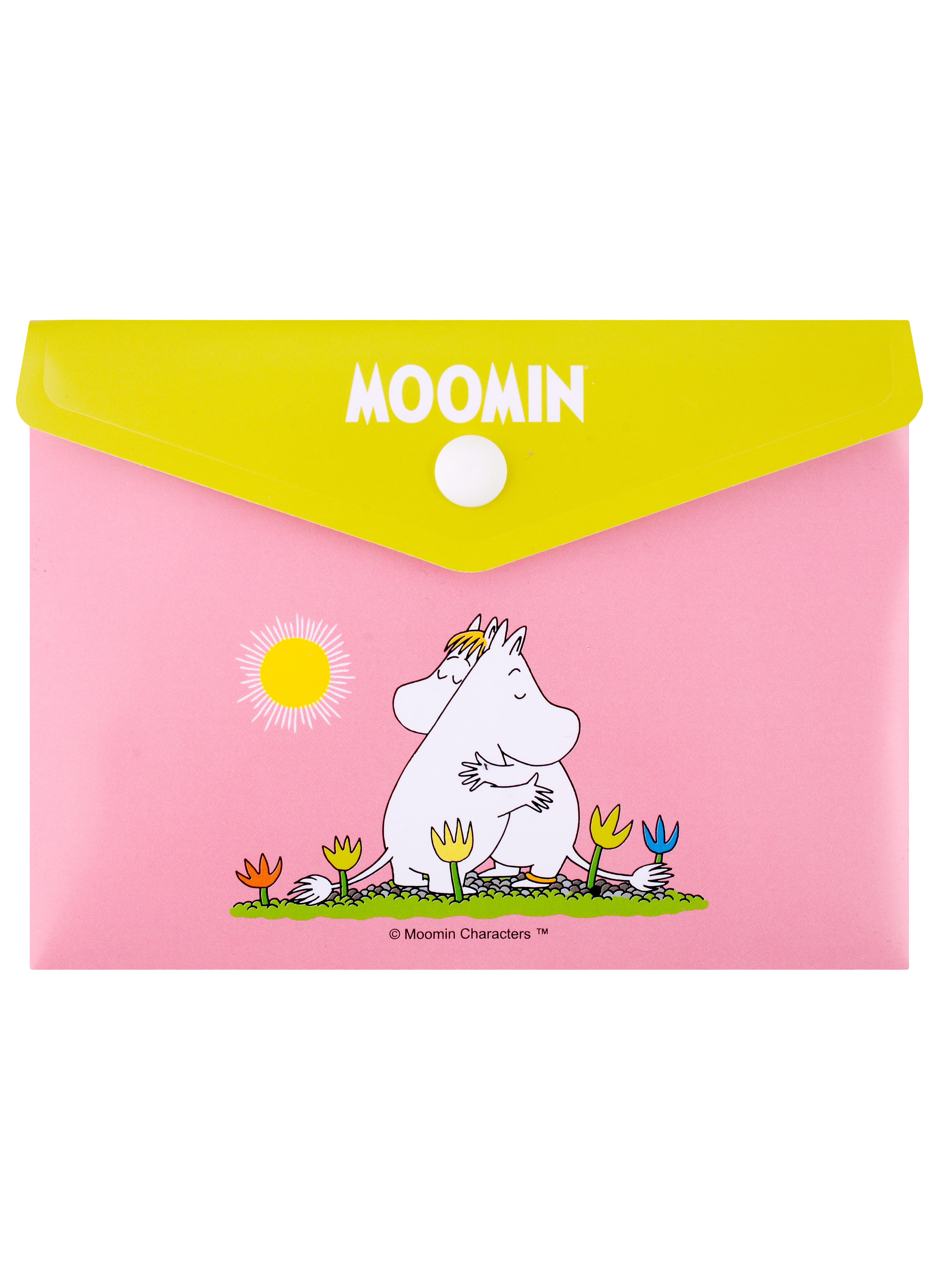 

Папка-конверт А6 на кнопке MOOMIN "Муми-тролль и Фрекен Снорк обнимаются"