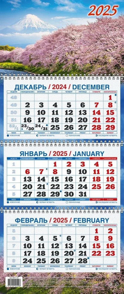 

Календарь квартальный 2025г 195*465 "ЦВЕТЕНИЕ САКУРЫ" настенный, трёхблочный, спираль