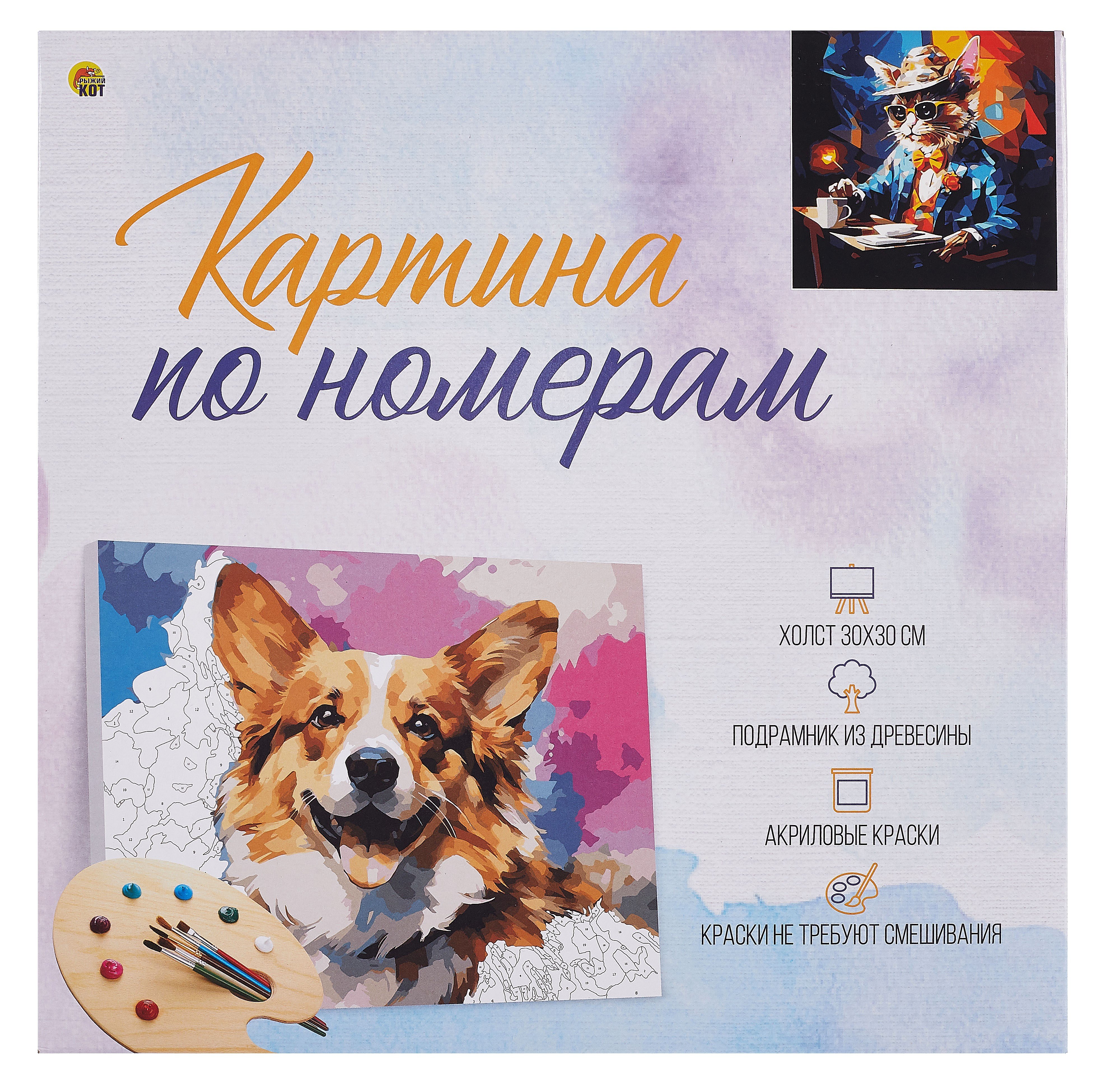 

Холст с красками по номерам в коробке "Стильные животные". Важный кот в шляпе 30х30, 20 цветов