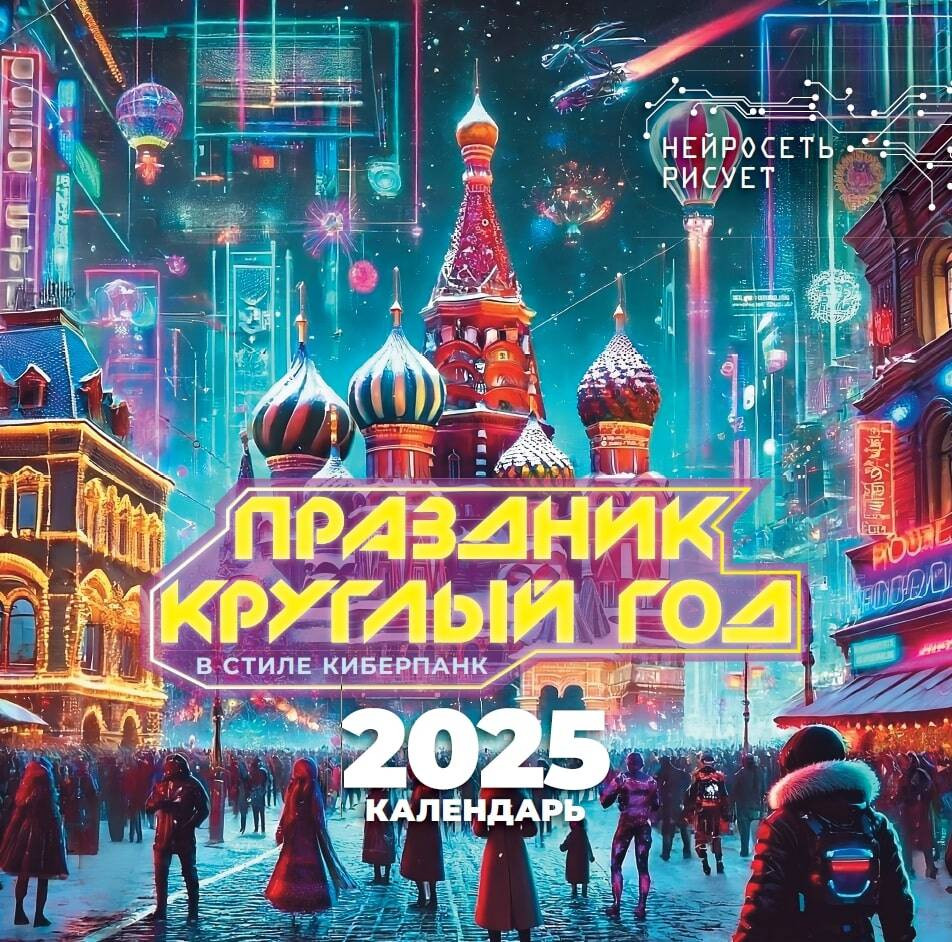 

Календарь 2025г 300*300 "Праздник круглый год. В стиле киберпанк. Нейросеть рисует" настенный, на скрепке