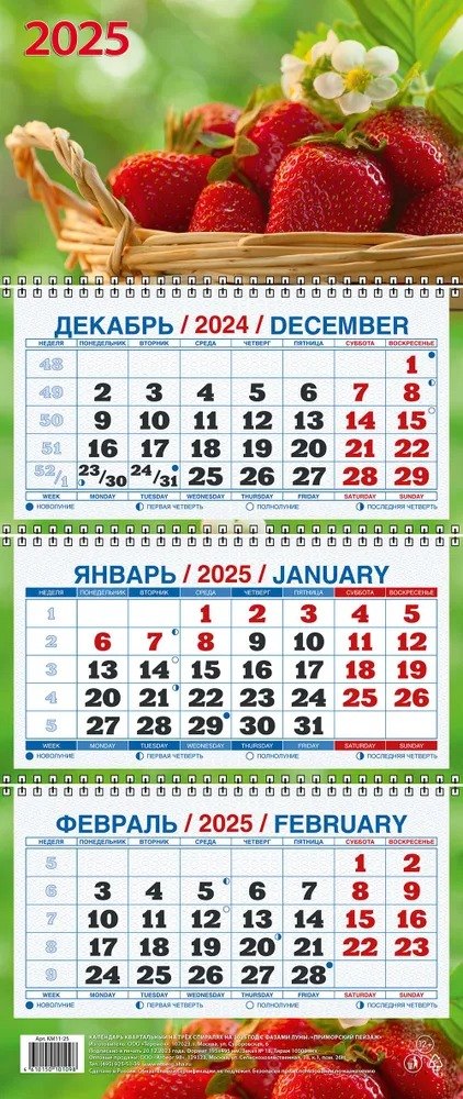 

Календарь квартальный 2025г 195*465 "КОРЗИНА КЛУБНИКИ" настенный, трёхблочный, спираль
