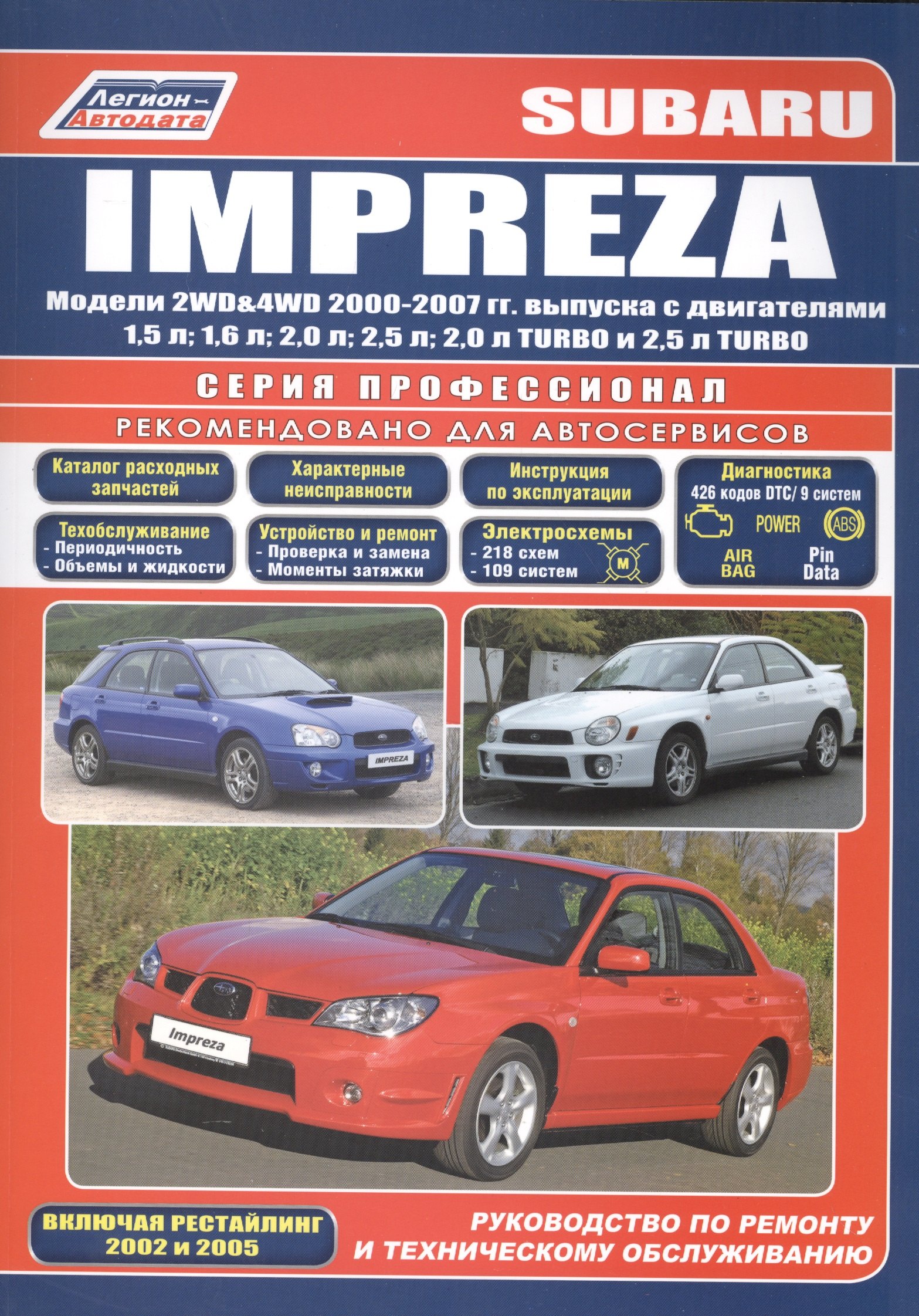 

Subaru Impreza. Модели 2WD&4WD 2000-2007 гг. выпуска с двигателями 1,5 л. 1,6 л. 2,0 л. 2,5 л. 2,0 л. TURBO и 2,5 л. TURBO. Включая рестайлинг 2002 и 2005. Руководство по ремонту и техническому обслуживанию