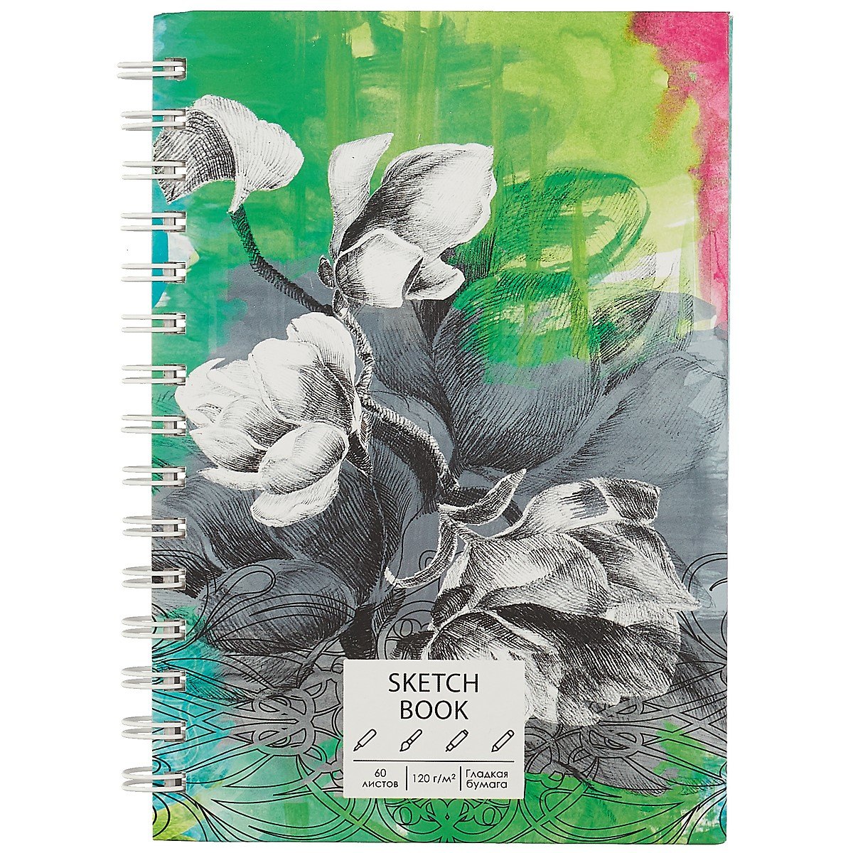 

Скетчбук А5 60л "SKETCHBOOK. Flower" белый офсет, 120г/м2, софт.тач., евроспираль