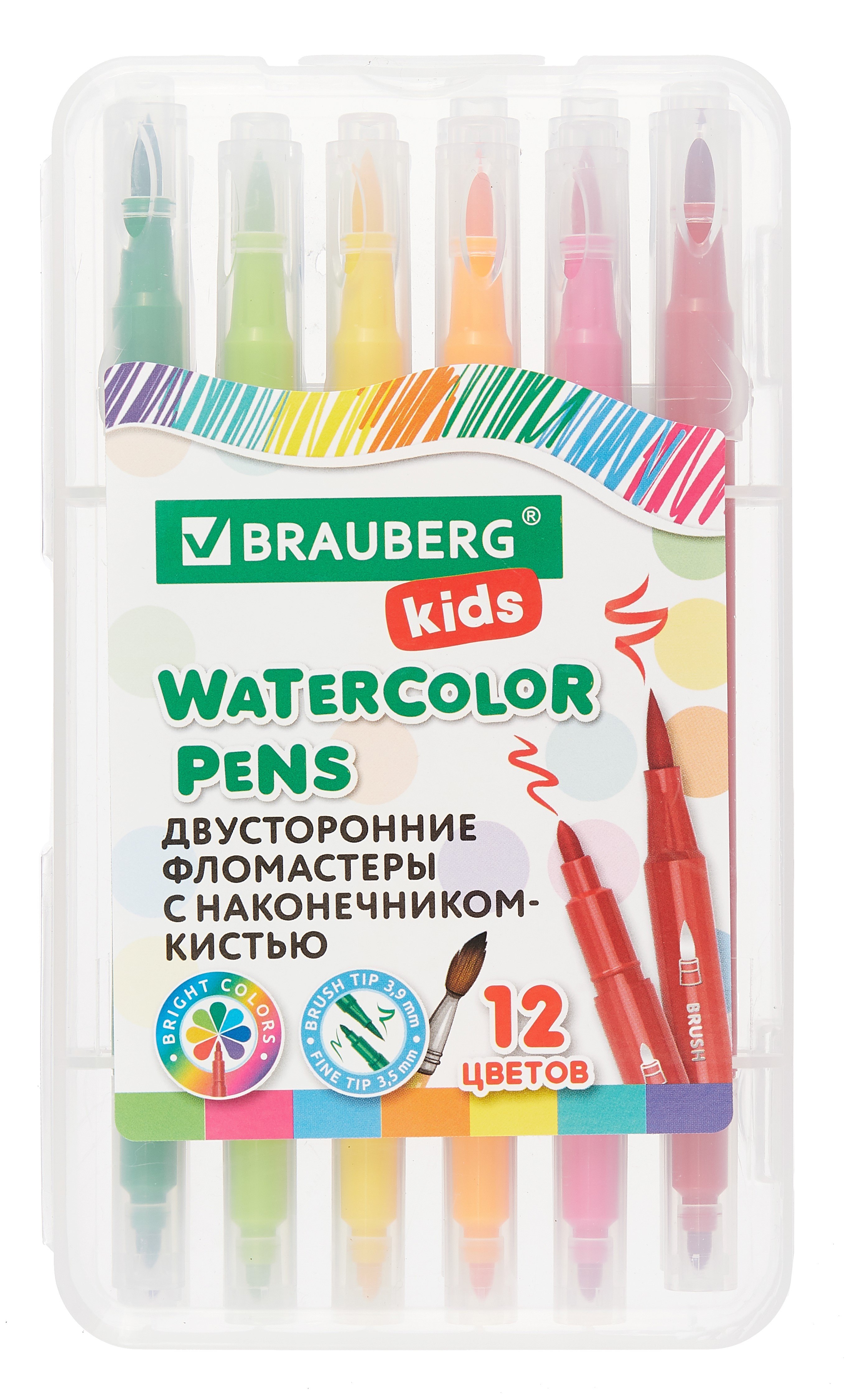 

Фломастеры 12цв "Kids" кисточки, 2х сторон., пластик.пенал, BRAUBERG
