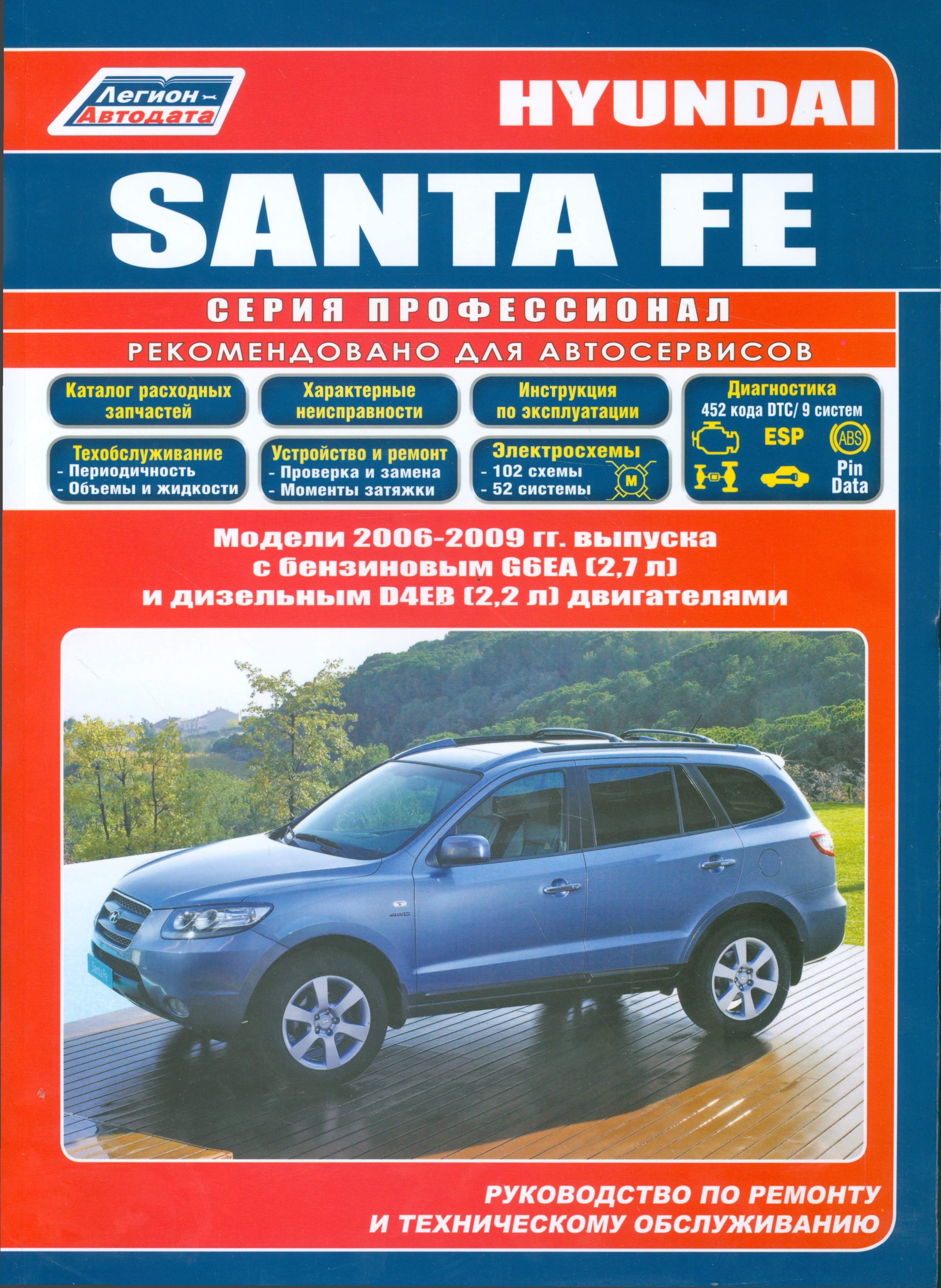 

Hyundai Santa Fe. Модели 2006-2009 гг. выпуска с бензиновым G6EA (2,7 л.) и дизельным D4EB (2,2 л. Common Rail) двигателями. Руководство по ремонту и техническому обслуживанию