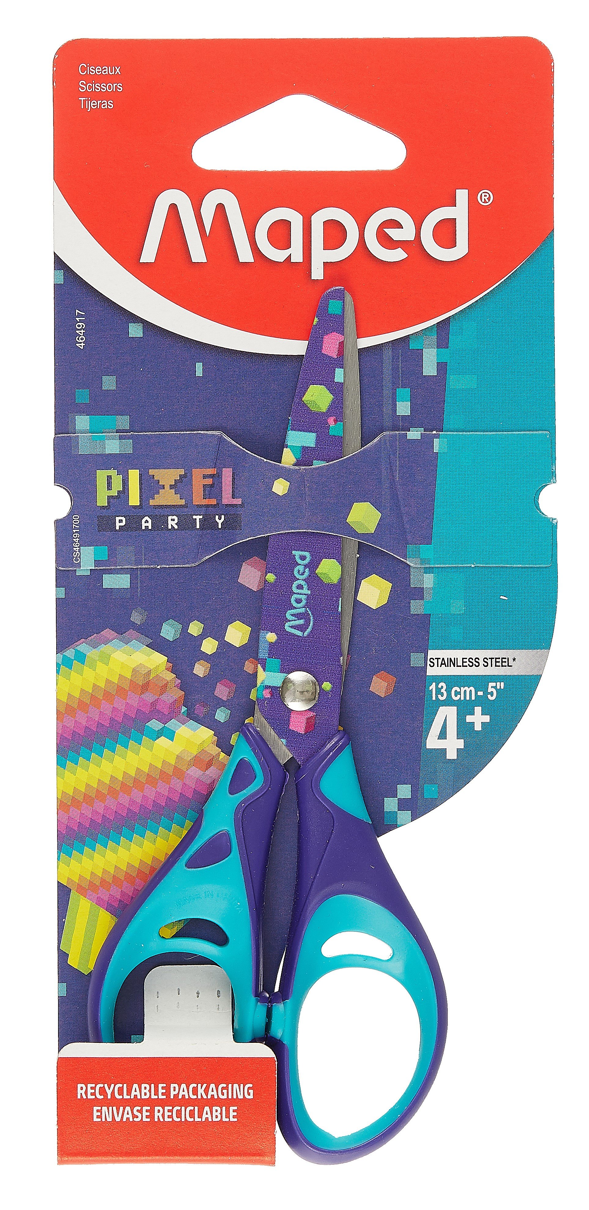 

Ножницы 130мм детские "PIXEL PARTY" декорир.лезвия, нерж.сталь, закругл.концы, прорезин.кольца ручек, симметричные, карт.подвес, Maped