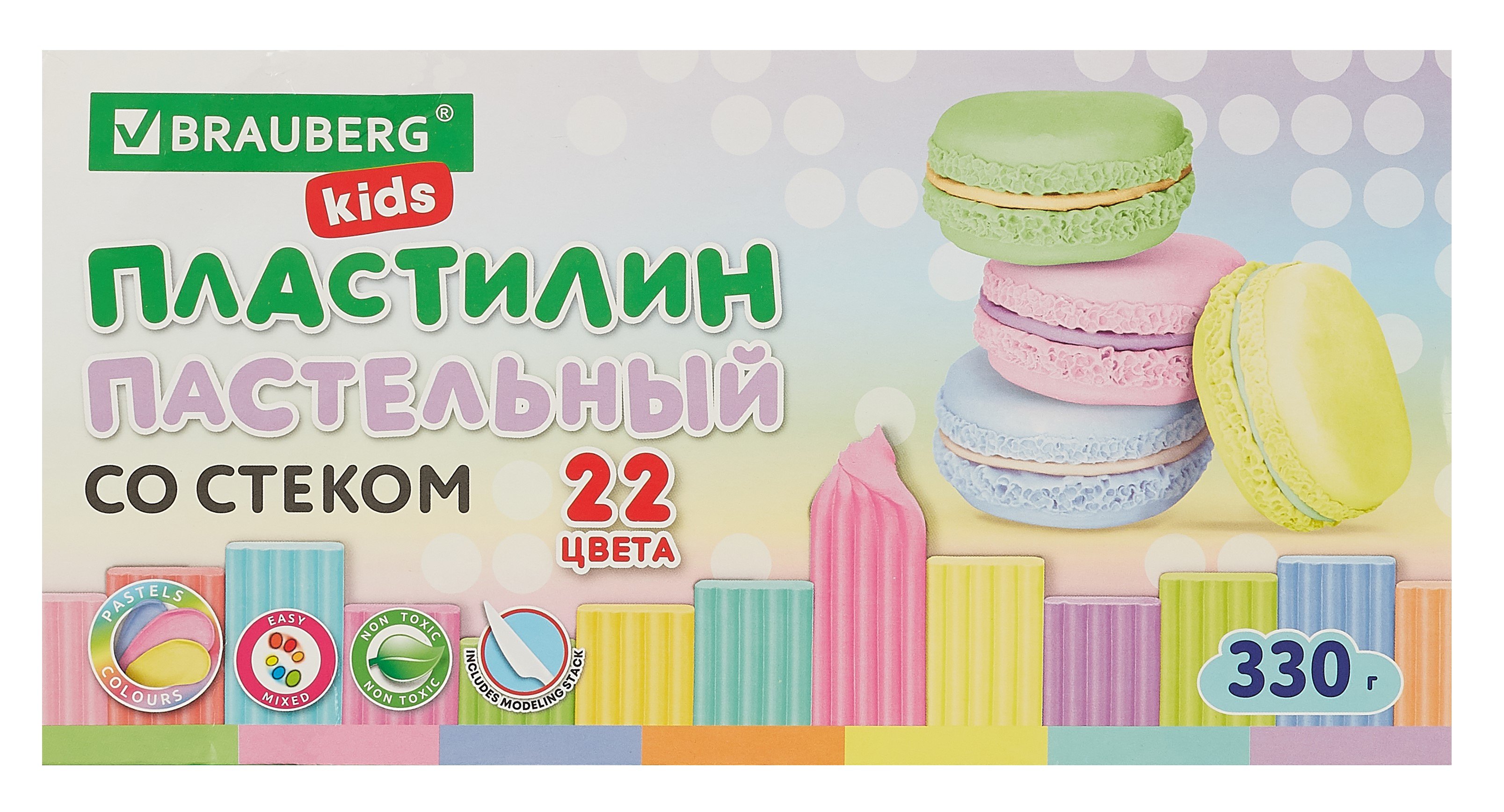 

Пластилин 22цв 330гр "BRAUBERG KIDS" пастельный, к/к, стек, Луч