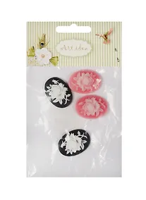 Купить Набор камей 2*2 шт, 1.8*2.5см Цветы черно-бело-розовые (11-08631-24) — Фото №1
