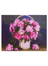 Купить Алмазная мозаика на подрамнике "Нежные пионы в светлой корзине", 30 х 40 см — Фото №1