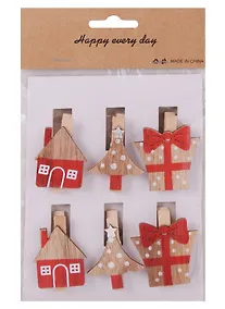 Купить Прищепки Новогодние красные (дом, елка, подарок ), 6 шт,4,5 х 3 см ( дерево) (1108-1) — Фото №1