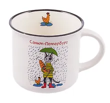 Купить Кружка фарфор матовая 180мл СПб. Кот под зонтом, белая — Фото №1