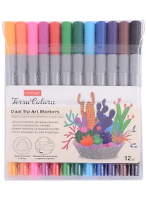 Купить Маркеры для скетчинга Hatber, Terra Colora, 12 цветов, двусторонние линер/кисть на водной основе — Фото №1