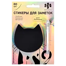 Купить Блок для записей 70*70мм 80л "КОТ" бумажный, чёрный, бел.гелев.ручка, инд.уп., европодвес из гологр.картона — Фото №1