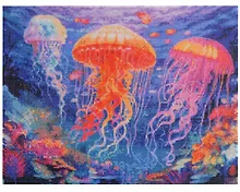 Купить Алмазная мозаика (классическая) с подрамником, с полным заполнением "Разноцветные медузы", 30 х 40 см — Фото №1