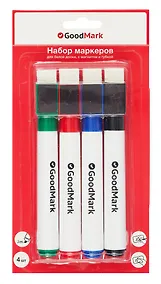 Купить Маркеры для досок с магнитом и губкой GoodMark, 4 цвета — Фото №1
