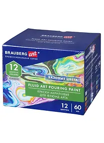 Купить Краски акриловые для техники Флюид Арт (POURING PAINT) НАБОР 12цв*60мл, BRAUBERG ART CLASSIC, 192236 — Фото №1