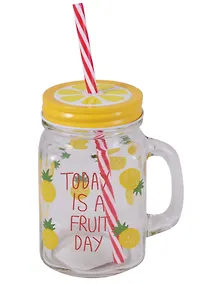 Купить Баночка с ручкой и крышкой + трубочка, для коктейлей Фрукты (стекло) (450мл) — Фото №1