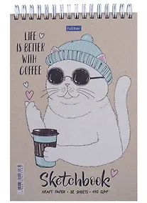 Купить Скетчбук А5 32л "Coffeecat" крафт бумага 170г/м2, тв.подложка, гребень — Фото №1