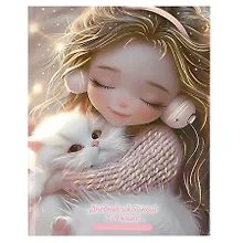 Купить Дневник для мл.кл. "Девочка в наушниках и котенок" 7БЦ, полноцв.печать, глянц.ламинация, тиснение фольгой, шпаргалка для мл.классов — Фото №1