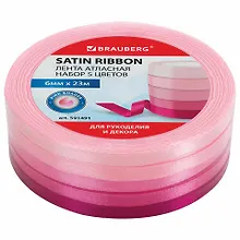 Купить Лента атласная ширина 6 мм, РОЗОВЫЙ СПЕКТР набор 5 цветов по 23 м, BRAUBERG, 591491 — Фото №1