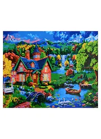 Купить Холст с красками "Сказочный ночной вид на дома и горы", 40х50 — Фото №1