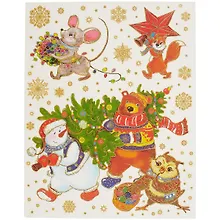 Купить Новогоднее оконное украшение «Снеговик и медведь с ёлкой», 30 х 38 см — Фото №1