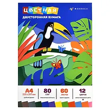 Купить Бумага цветная 12цв 60л А4 "ТУКАН" двухсторонняя, немелованная, 80г/м2, склейка, инд.подвес — Фото №1